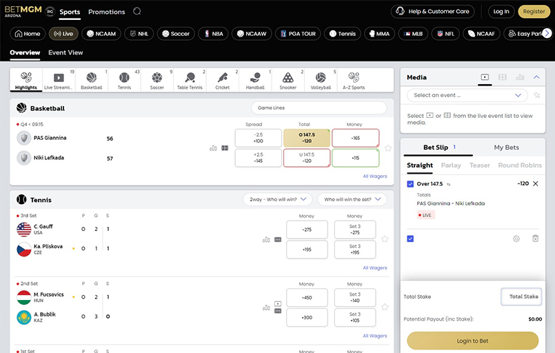 The BetMGM live interface.
