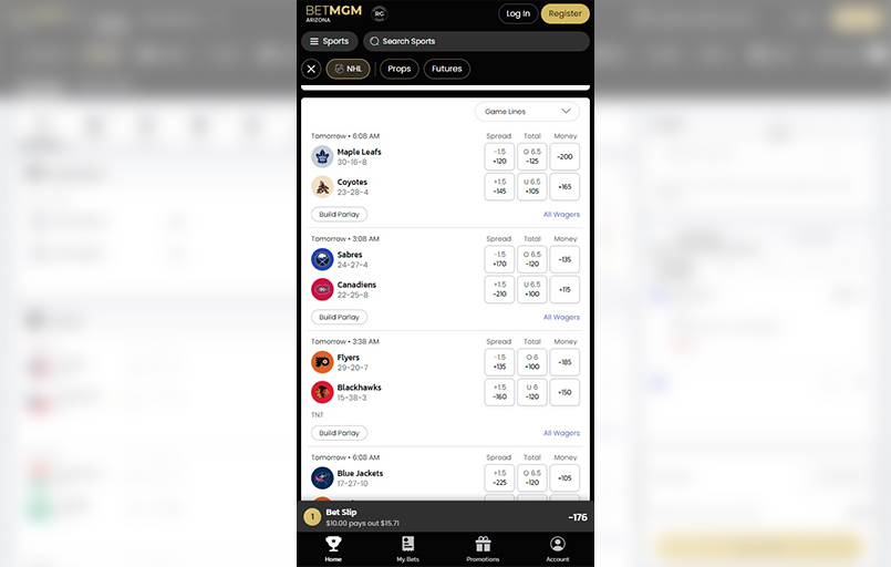 The BetMGM mobile interface.